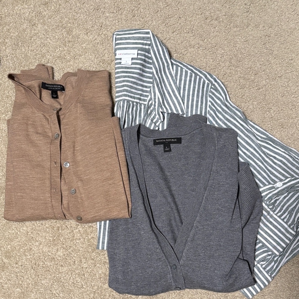 Banana Republic Brown and Gray Cardigans with Striped Linen Shirt Shirt